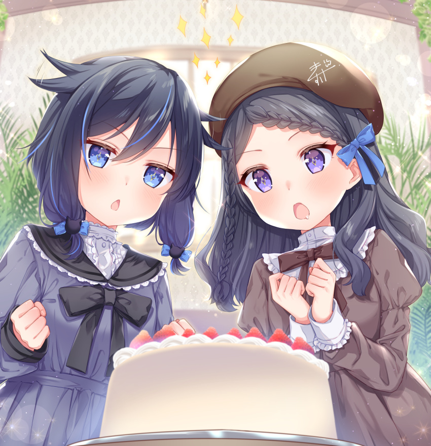 +_+ 2girls bangs beret black_hair black_sailor_collar blue_dress blue_eyes blue_hair blurry blurry_background bow braid braided_bangs brown_bow brown_dress brown_headwear cake chestnut_mouth commentary_request depth_of_field dress drooling expressive_hair eyebrows_visible_through_hair food fruit hair_between_eyes hair_flaps hands_up hat highres indoors juliet_sleeves kisukekun long_hair long_sleeves multicolored_hair multiple_girls open_mouth original parted_bangs pleated_dress puffy_sleeves sailor_collar sailor_dress saliva shirt signature sleeves_past_wrists sparkle standing strawberry streaked_hair violet_eyes white_shirt