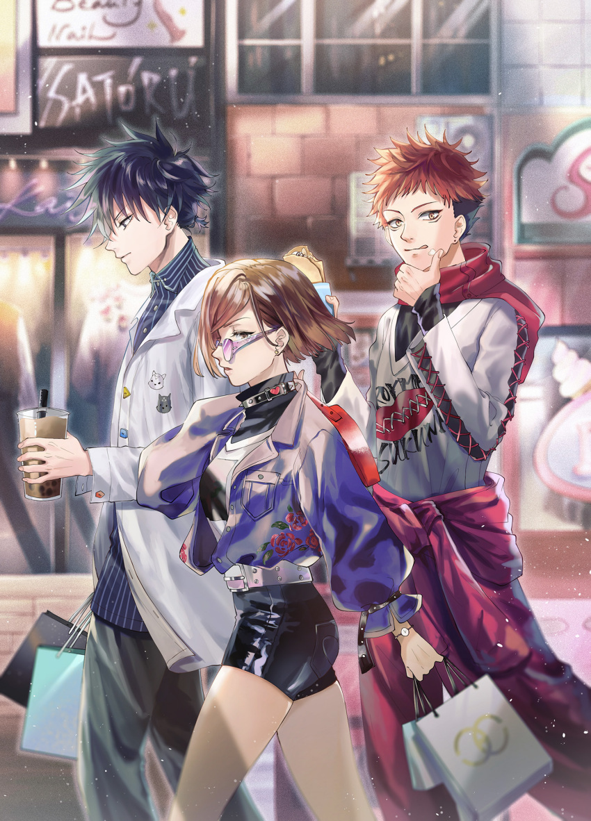 1girl 2boys :q arms_up bag belt black_hair black_jacket black_shirt blue_shirt blurry blurry_background brown_eyes brown_hair bubble_tea city clothes_around_waist crepe cup disposable_cup earrings feet_out_of_frame food fushiguro_megumi hand_on_own_face handbag head_tilt highres holding holding_bag holding_cup holding_food itadori_yuuji jacket jacket_around_waist jewelry jujutsu_kaisen kugisaki_nobara leather_shorts light_particles long_sleeves looking_at_viewer looking_to_the_side multicolored_hair multiple_boys pants red_pants red_scarf redhead scarf shirt shirt_under_shirt shopping_bag short_hair sideways_glance storefront striped striped_shirt stud_earrings sunglasses tongue tongue_out two-tone_hair untucked_shirt walking watch watch white_shirt whitetown