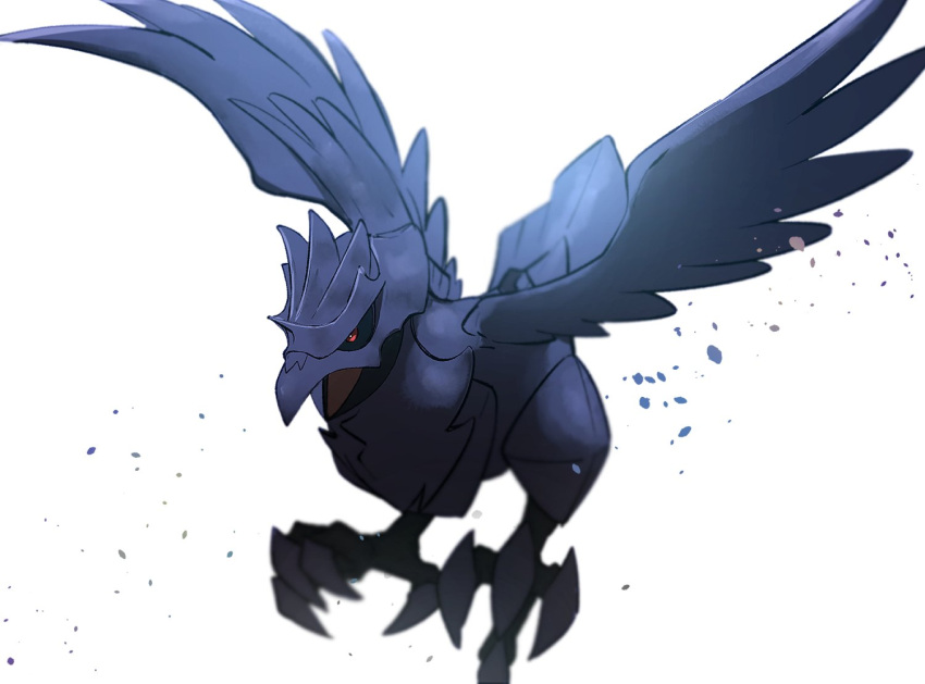 bird black_sclera blurry commentary_request corviknight gen_8_pokemon morio_(poke_orio) no_humans open_mouth pokemon pokemon_(creature) red_eyes solo talons