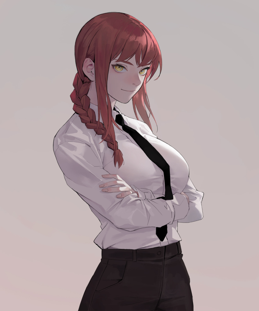 1girl bangs black_neckwear black_pants braid braided_ponytail breasts business_suit chainsaw_man collared_shirt cowboy_shot crossed_arms dongho_kang formal grey_background highres long_hair long_sleeves looking_at_viewer makima_(chainsaw_man) medium_breasts necktie office_lady pants ringed_eyes shirt shirt_tucked_in simple_background smile solo suit white_shirt