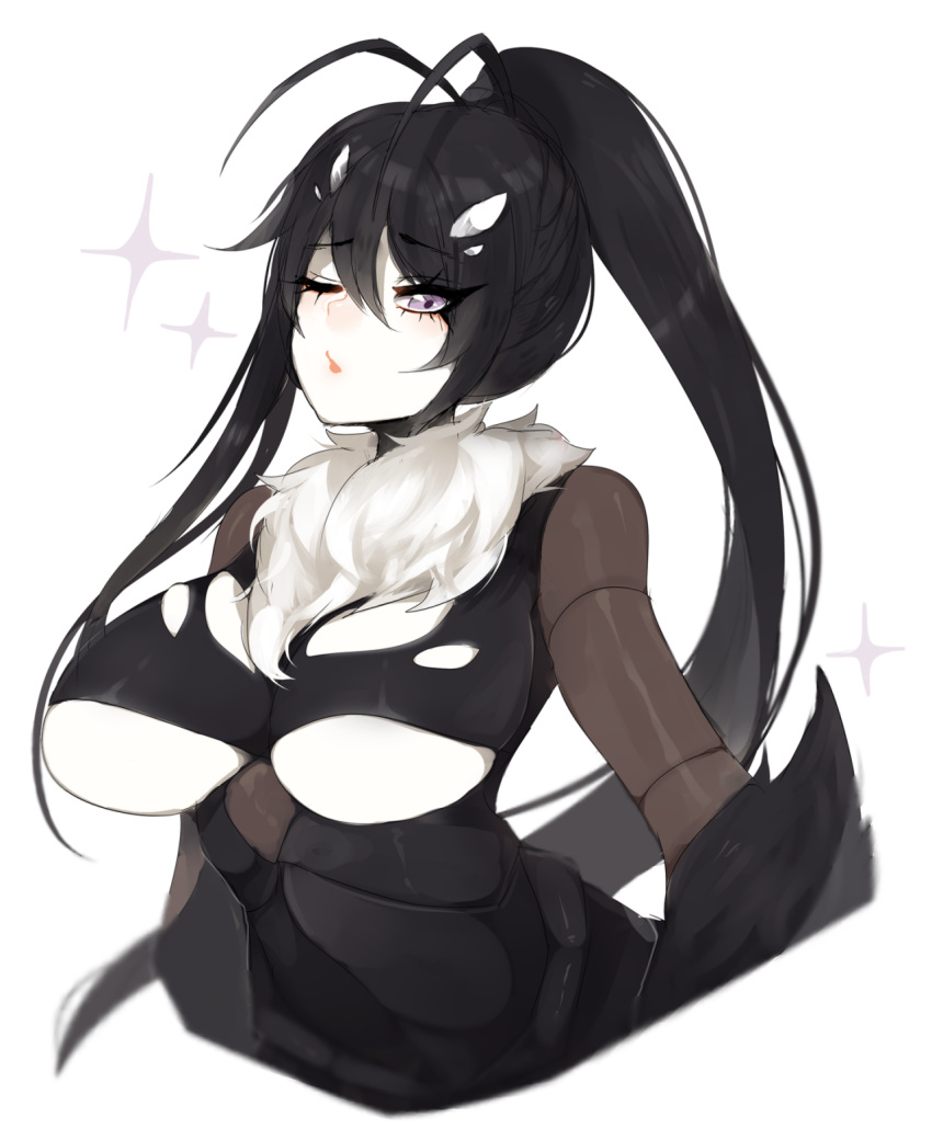 1girl antennae black_hair breasts carapace closed_mouth commentary english_commentary fur_collar highres insect_girl large_breasts long_hair looking_at_viewer monster_girl one_eye_closed original ponytail simple_background solo terupancake under_boob violet_eyes white_background