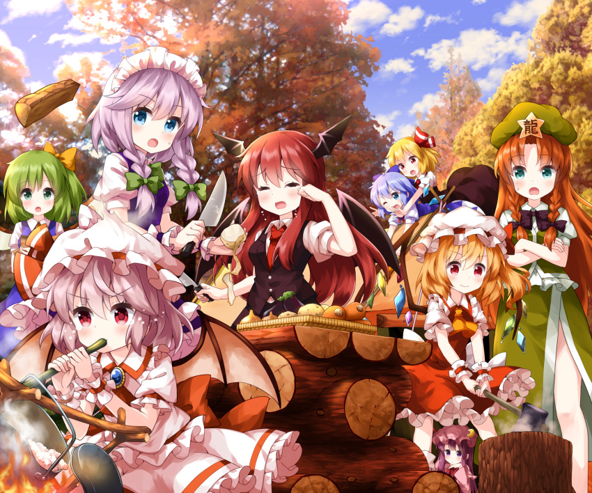 6+girls aqua_eyes ascot axe blonde_hair blue_eyes blue_hair braid brooch carrot carrying cirno clouds commentary_request crossed_arms crying daiyousei eggplant fire flandre_scarlet green_eyes green_hair hat hat_ribbon head_wings highres holding holding_knife hong_meiling izayoi_sakuya jewelry knife koakuma light_purple_hair long_hair maid_headdress mob_cap multiple_girls necktie one_side_up onion open_mouth orange_hair outdoors patchouli_knowledge peeling piggyback potato red_eyes redhead remilia_scarlet ribbon rice rumia ruu_(tksymkw) short_sleeves side_braid silver_hair skirt skirt_set sky smoke sweat tears the_embodiment_of_scarlet_devil touhou tree twin_braids v-shaped_eyebrows vest waist_bow white_headwear wings wrist_cuffs