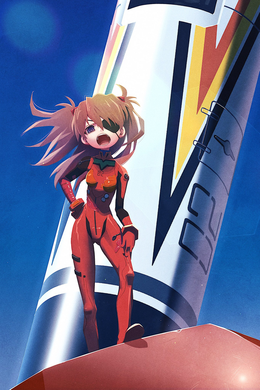 1girl blue_eyes blue_sky bodysuit brown_hair eyepatch highres kunitarou-art long_hair looking_at_viewer multicolored multicolored_bodysuit multicolored_clothes neon_genesis_evangelion open_mouth outdoors pilot_suit plugsuit red_bodysuit shikinami_asuka_langley sky solo souryuu_asuka_langley standing wide_shot