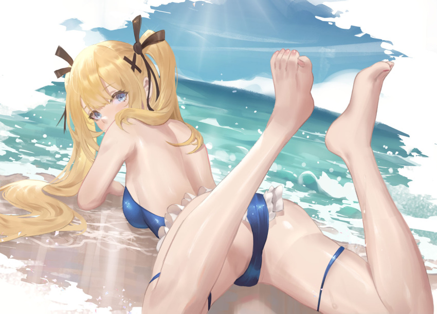 1girl ass back backless_swimsuit bangs bare_arms bare_legs bare_shoulders barefoot beach black_ribbon blonde_hair blue_eyes blue_swimsuit breasts casual_one-piece_swimsuit cirilla dead_or_alive eyebrows_visible_through_hair feet feet_up frilled_swimsuit frills hair_ornament hair_ribbon highres horizon long_hair looking_at_viewer looking_back marie_rose medium_breasts ocean on_ground one-piece_swimsuit ribbon sideboob solo swimsuit thigh_strap toes twintails very_long_hair water x_hair_ornament