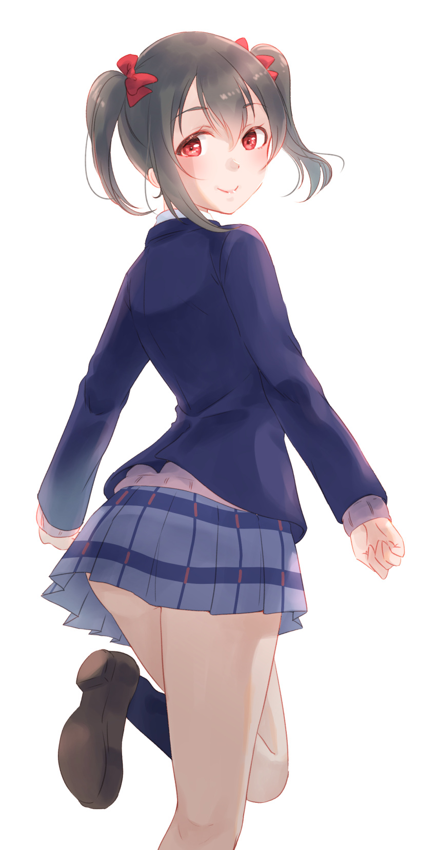 1girl absurdres bangs blue_jacket blue_legwear blue_skirt bow brown_footwear brown_hair closed_mouth from_behind hair_between_eyes hair_bow highres jacket kobayashi_nyoromichi loafers long_sleeves looking_at_viewer love_live! love_live!_school_idol_project miniskirt otonokizaka_school_uniform plaid plaid_skirt pleated_skirt red_bow red_eyes school_uniform shiny shiny_hair shoes simple_background skirt smile solo standing standing_on_one_leg twintails white_background yazawa_nico