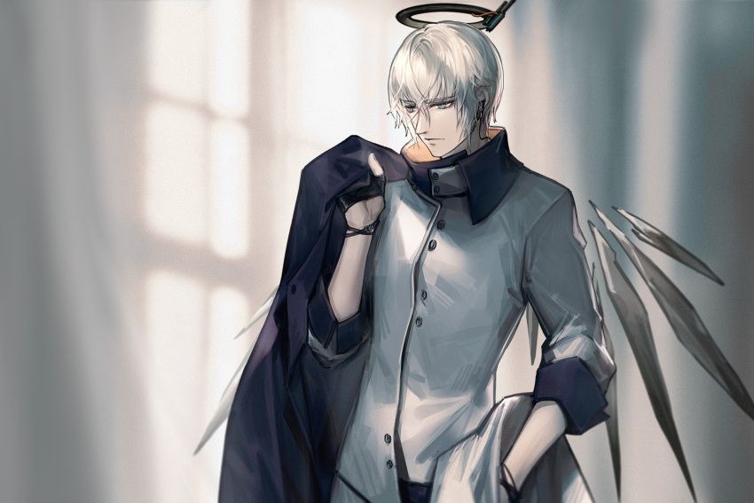 1boy arknights bangs black_gloves black_jacket blue_eyes closed_mouth detached_wings earpiece executor_(arknights) fingerless_gloves gloves hair_between_eyes halo high_collar highres holding holding_clothes holding_jacket jacket looking_away male_focus over_shoulder shirt short_hair silver_hair skade sleeves_rolled_up solo upper_body white_jacket white_shirt wings