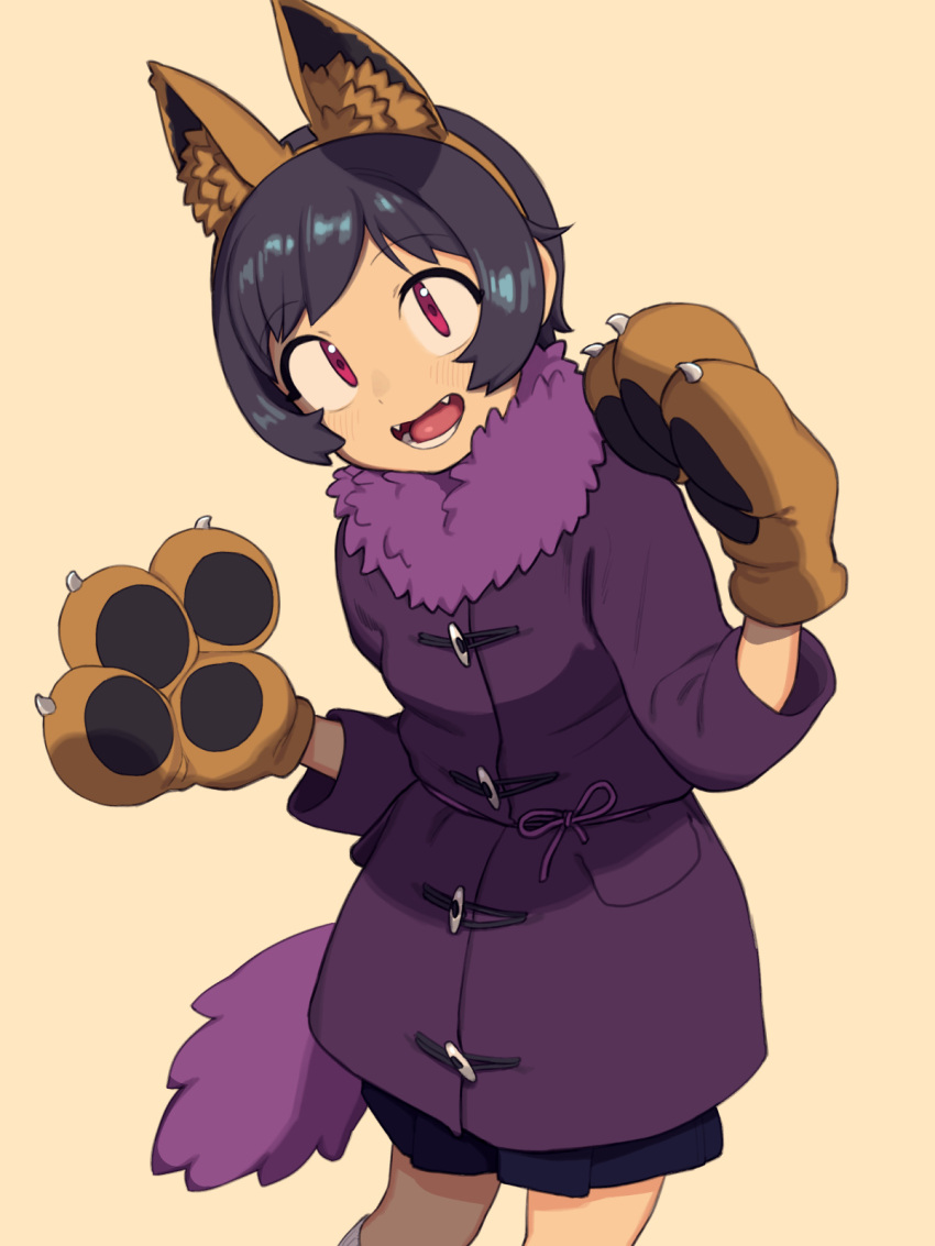 1girl 2equal8 animal_ears beige_background coat commentary_request eyebrows_visible_through_hair fake_animal_ears fur_trim gloves highres long_sleeves looking_at_viewer open_mouth original paw_gloves paws purple_coat red_eyes short_hair simple_background solo tail teeth tomboy