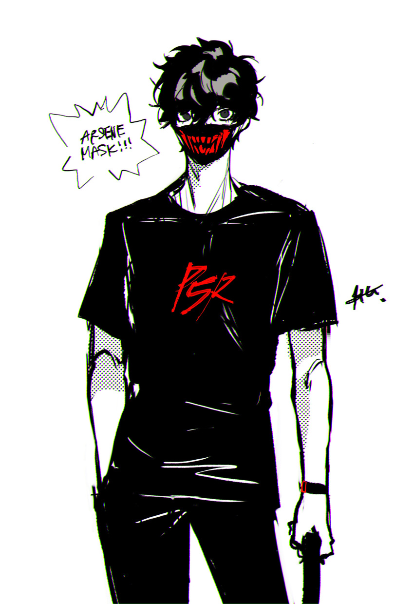 1boy absurdres amamiya_ren bangs black_eyes black_hair btmr_game clothes_writing hair_between_eyes hand_in_pocket highres male_focus mask mouth_mask pants persona persona_5 persona_5_the_royal shirt short_sleeves signature simple_background solo