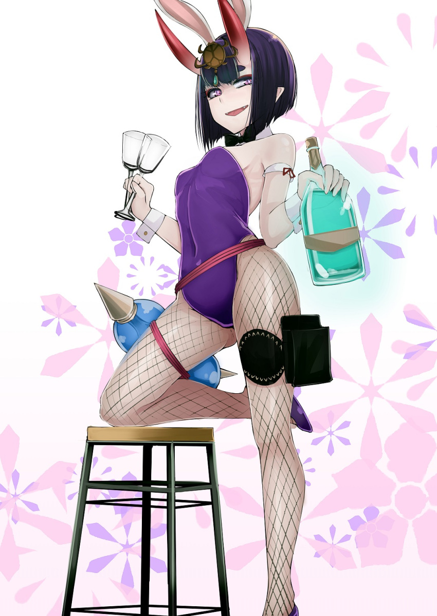 1girl alcohol animal_ears b.d bare_shoulders black_neckwear bob_cut bottle bow bowtie breasts commentary covered_navel cup detached_collar drinking_glass fake_animal_ears fangs fate/grand_order fate_(series) fishnet_legwear fishnets gourd headpiece highres horns leg_up leotard narrowed_eyes oni_horns open_mouth playboy_bunny pointy_ears purple_footwear purple_hair purple_leotard rabbit_ears short_hair shuten_douji_(fate/grand_order) skin-covered_horns small_breasts smile smug solo standing standing_on_one_leg thick_eyebrows violet_eyes wine_bottle wine_glass wrist_cuffs