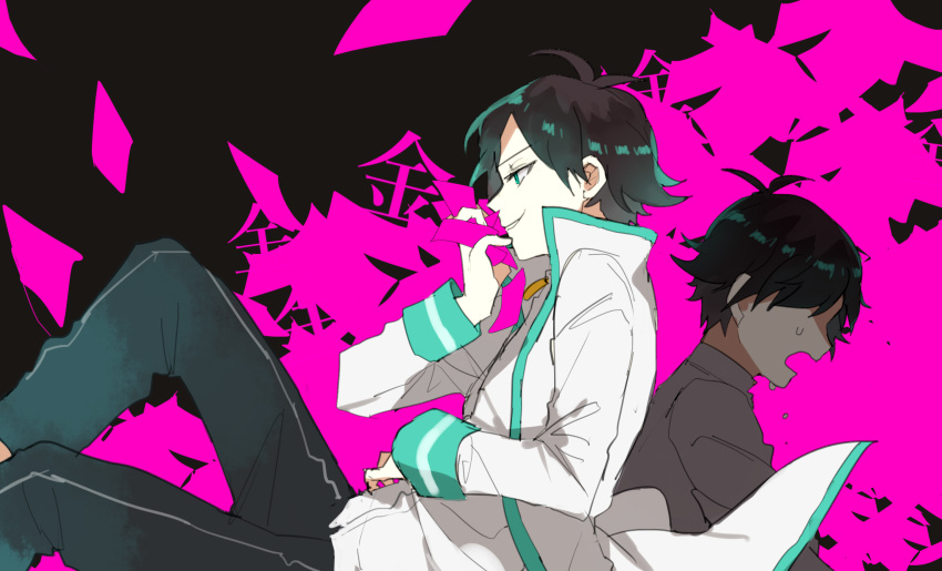1boy ahoge aqua_hair black_background black_hair black_pants commentary_request crying feet_out_of_frame green_eyes highres holding holding_paper jacket male_focus multicolored_hair multiple_views niimura_kou okami_game_(werewolf) open_clothes open_jacket open_mouth pants paper pink_background profile shindyushiyou shiny shiny_hair shirt short_hair simple_background smile smirk solo spoilers two-tone_hair white_jacket white_shirt younger