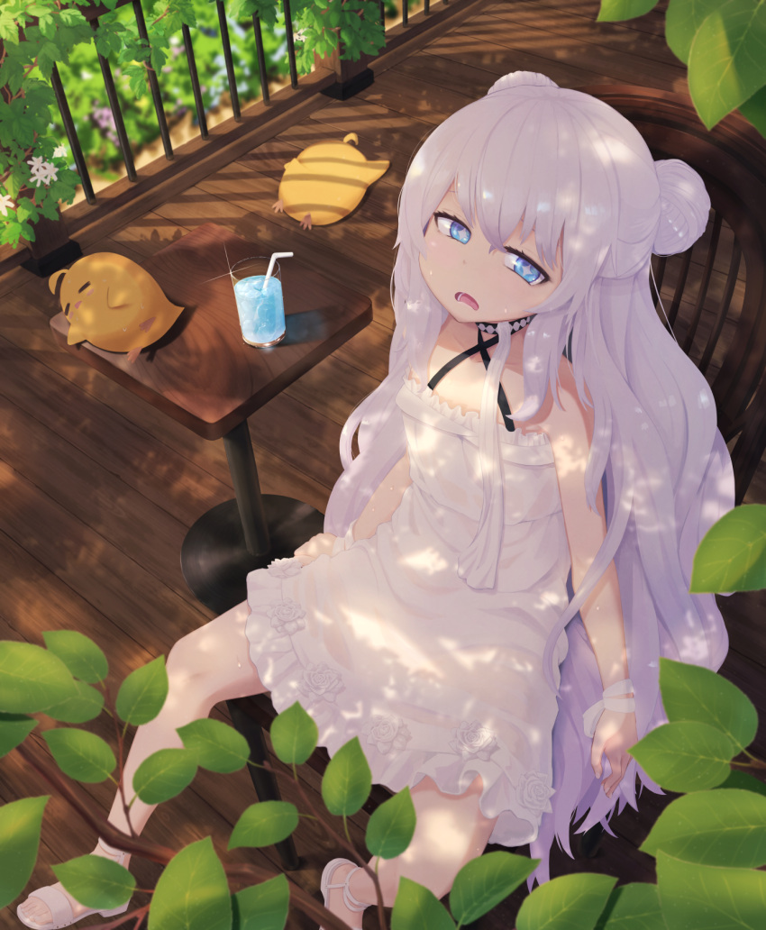 +_+ 1girl azur_lane bangs bare_legs blue_eyes choker commentary criss-cross_halter double_bun dress drinking_straw dutch_angle flat_chest from_above frown glass halterneck head_tilt highres hot ice le_malin_(azur_lane) le_malin_(the_knight's_true_nature)_(azur_lane) long_hair moss_(user_srre5225) narrowed_eyes open_mouth outdoors ribbon sandals see-through sidelocks silver_hair solo sundress sweat table veranda very_long_hair wavy_hair white_dress wooden_floor wrist_ribbon