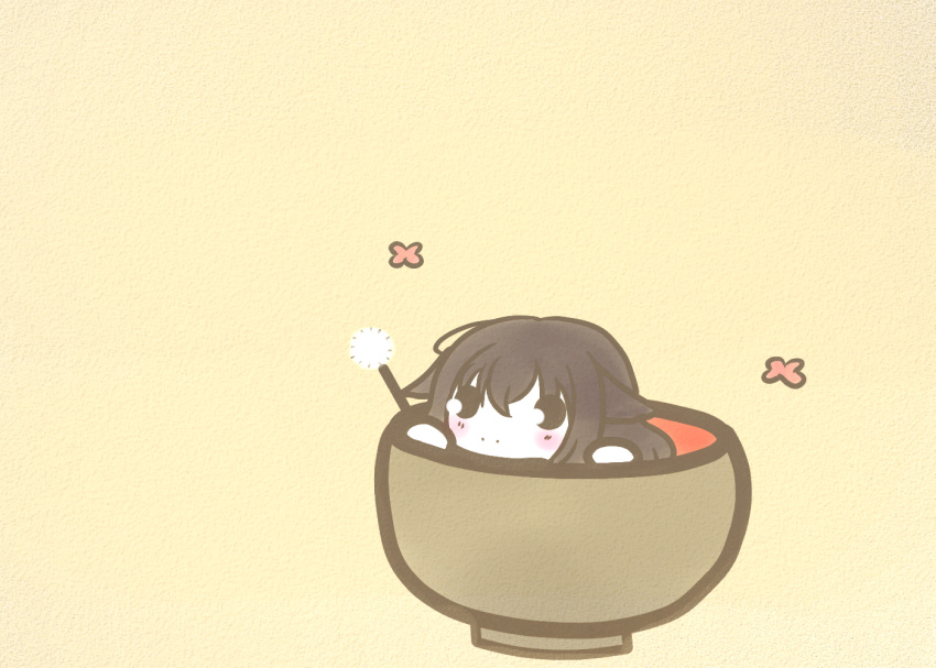 1girl azuma_(azur_lane) azur_lane black_hair chibi cup hair_flaps in_container in_cup koti long_hair mimikaki simple_background solo yellow_background