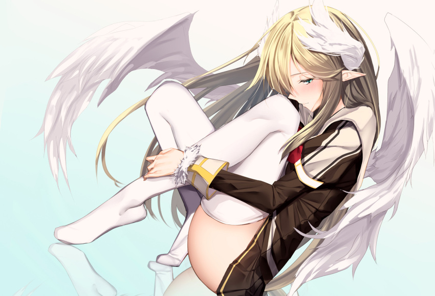 1girl angel_wings black_dress blonde_hair celestia_(totomono) character_request check_character dress from_side green_eyes ken_to_mahou_to_gakuen_mono looking_at_viewer no_shoes pallad pointy_ears simple_background solo tagme thigh-highs white_background white_legwear wings
