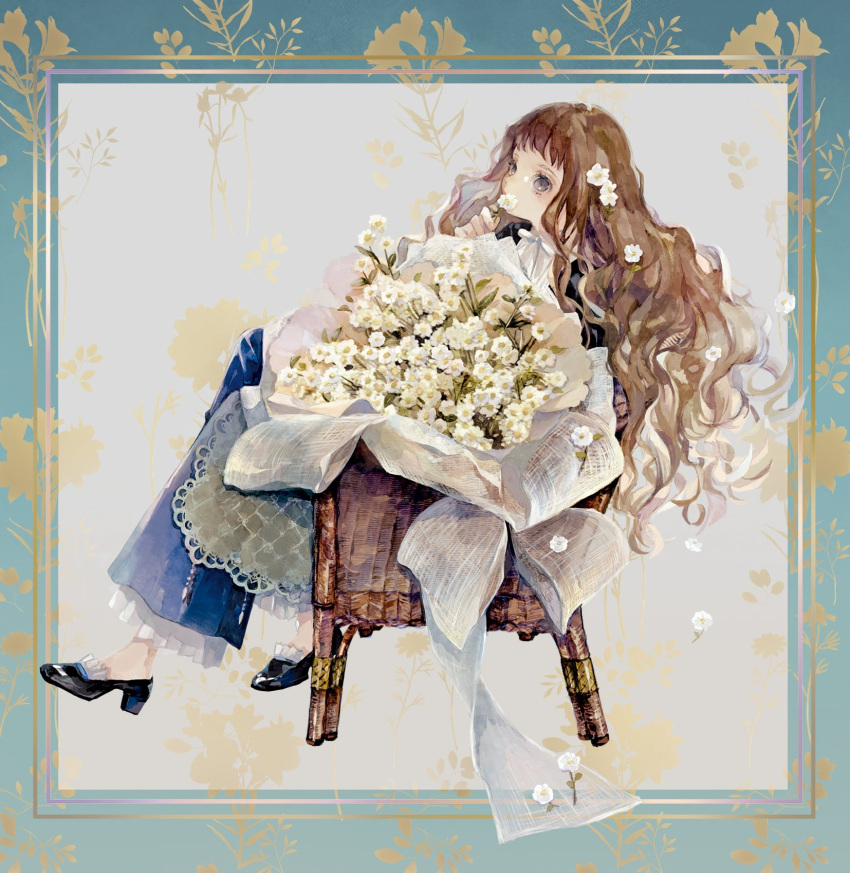 1girl black_footwear bouquet brown_hair chair curly_hair flower frills hair_flower hair_ornament high_heels highres long_hair niwa_haruki original sitting white_flower