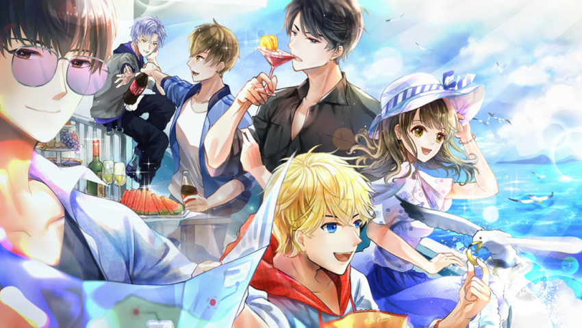 1girl 5boys :d alcohol apple bai_qi_(love_and_producer) bird black_eyes black_hair black_pants black_shirt blonde_hair blue_eyes bottle bracelet brown_eyes chips day drinking feeding food fruit grapes hat jacket jewelry li_zeyan ling_xiao looking_at_viewer love_and_producer map mo_xu multiple_boys open_mouth outdoors pants potato_chips protagonist_(love_and_producer) roji_ouo seagull shirt silver_hair sitting smile soda_bottle sunglasses table water watermelon_slice wine_bottle yellow_eyes zhou_quiluo