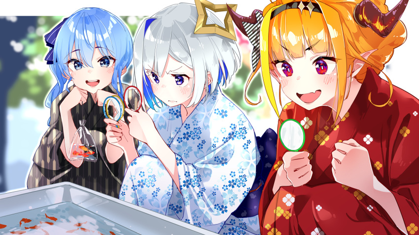 3girls alternate_costume alternate_hairstyle amane_kanata angel bag bagged_fish bangs black_bow black_hairband black_kimono blonde_hair blue_eyes blue_hair blunt_bangs blush bow bowtie bright_pupils colored_inner_hair commentary_request day dragon_girl dragon_horns excited eyebrows_visible_through_hair fang festival fish floral_print goldfish goldfish_scooping gradient_eyes hair_between_eyes hair_ornament hair_ribbon hairband halo hands_on_own_chin head_rest highlights highres hololive horn_bow horns hoshimachi_suisei japanese_clothes kimono kiryuu_coco looking_away medium_hair multicolored multicolored_clothes multicolored_eyes multicolored_hair multiple_girls open_mouth orange_hair plastic_bag poi_(goldfish_scoop) pointy_ears ponytail red_eyes red_kimono ribbon side_ponytail silver_hair skin_fang smile squatting streaked_hair striped striped_bow summer_festival tied_hair upper_teeth v-shaped_eyebrows violet_eyes virtual_youtuber white_bow white_kimono yukata yuyaiyaui