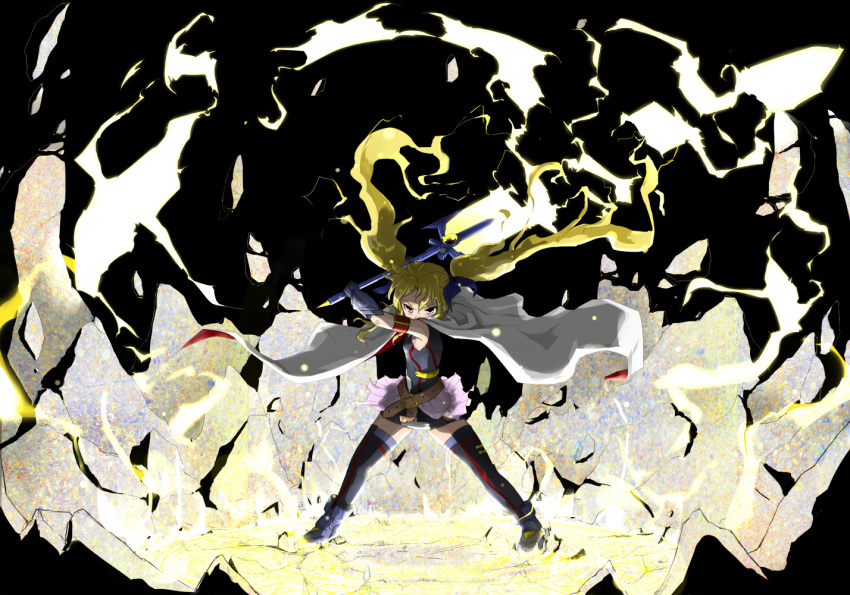 1girl armband arms_up ban_(777purin) bangs bardiche belt black_footwear black_legwear black_leotard blonde_hair boots brown_belt cape commentary debris electricity energy_sword fate_testarossa gauntlets holding holding_sword holding_weapon leotard long_hair looking_at_viewer lyrical_nanoha magical_girl mahou_shoujo_lyrical_nanoha mahou_shoujo_lyrical_nanoha_a's mahou_shoujo_lyrical_nanoha_the_movie_2nd_a's miniskirt over_shoulder pink_skirt pleated_skirt red_eyes skirt sleeveless standing sword thigh-highs twintails very_long_hair weapon weapon_over_shoulder white_cape