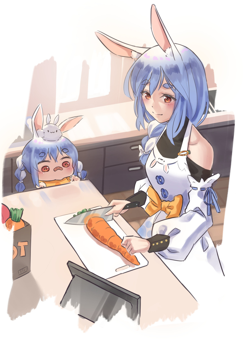 2girls absurdres animal_ears apron bandaid bandaid_on_face blush bow bowtie carrot commentary_request cutting_board don-chan_(usada_pekora) eyebrows_visible_through_hair hakkun229 highres hololive kitchen kitchen_knife multiple_girls pekomama smile tablet_pc usada_pekora younger
