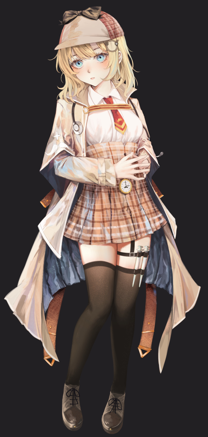 1girl absurdres bangs beige_coat belt black_background black_bow black_legwear blonde_hair blue_eyes blush bow brown_footwear brown_headwear brown_skirt coat collar collared_shirt deerstalker hair_ornament hands_together hat highres hololive hololive_english holster long_sleeves looking_at_viewer medium_hair monocle monocle_hair_ornament mustache_print necktie parted_lips plaid plaid_headwear plaid_skirt pleated_skirt pocket_watch red_neckwear shirt shirt_tucked_in simple_background skirt solo stethoscope syringe thigh-highs thigh_holster virtual_youtuber watch watson_amelia white_collar white_shirt yamiiv