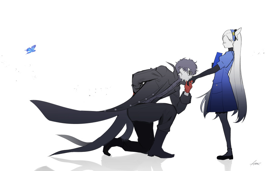 1boy 1girl absurdres amamiya_ren bangs black_coat black_legwear black_pants blue_butterfly blue_dress btmr_game bug butterfly closed_eyes coat dress from_side gloves hairband hand_kiss highres insect kiss lavenza_(persona_5) long_hair mask one_knee pants persona persona_5 profile red_gloves shadow signature silver_hair simple_background standing white_background