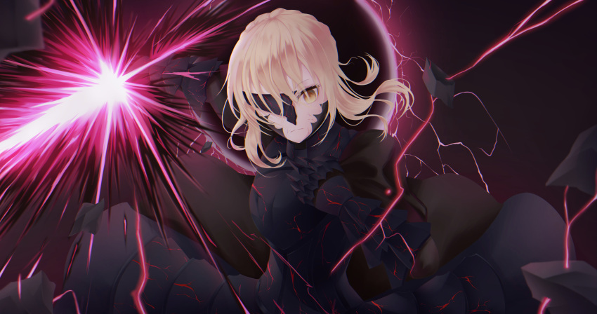 1girl absurdres armor armored_dress artoria_pendragon_(all) black_dress blonde_hair closed_mouth dress excalibur_morgan fate/stay_night fate_(series) floating_hair gauntlets highres holding holding_sword holding_weapon huge_filesize long_hair looking_at_viewer saber_alter shiny shiny_hair solo sword tada_(pixiv41160771) weapon yellow_eyes