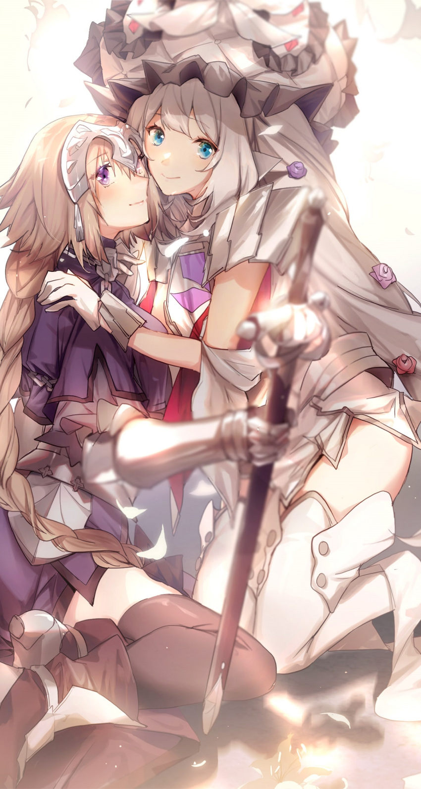 2girls armor armored_dress bangs black_bow black_legwear blonde_hair blue_dress blue_eyes blurry_foreground boots bow braid braided_ponytail chain closed_mouth dress faulds gloves hair_between_eyes hair_bow hand_on_another's_shoulder hat headpiece highres holding holding_sheath jeanne_d'arc_(fate) jeanne_d'arc_(fate)_(all) kneeling long_hair marie_antoinette_(fate/grand_order) multiple_girls no-kan ponytail sheath sheathed shiny shiny_clothes shiny_hair shiny_legwear short_dress silver_hair simple_background sitting smile sword thigh-highs thigh_boots very_long_hair violet_eyes weapon white_background white_dress white_footwear white_gloves white_headwear yuri