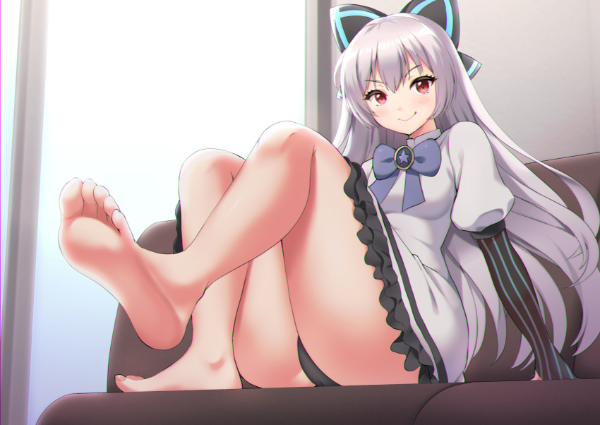 1girl arm_support bangs barefoot black_bow blue_bow blue_legwear blue_stripes blush bow breasts brooch commentary_request dress elbow_gloves eyebrows_visible_through_hair eyelashes feet frilled_dress frills full_body girls_frontline gloves gradient gradient_legwear hair_bow highres jewelry juliet_sleeves knees_together_feet_apart long_sleeves looking_at_viewer medium_breasts no_shoes pantyhose partially_fingerless_gloves puffy_sleeves red_eyes shiny shiny_hair short_sleeves sidelocks silver_hair sitting soles solo toes tokarev_(girls_frontline) vertical-striped_gloves white_dress yamagara_tasuku