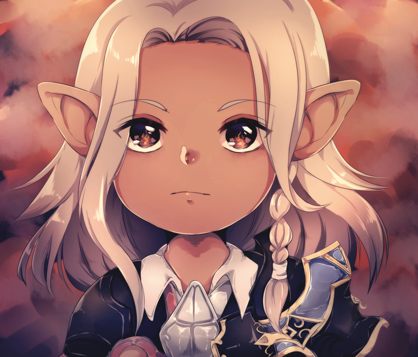 1boy armor braid brown_eyes cape_removed chekkit collared_shirt dark_skin english_commentary expressionless eyelashes final_fantasy final_fantasy_xiv forehead highres lalafell male_focus medium_hair pipin_tarupin platinum_blonde_hair pointy_ears shirt shoulder_armor side_braid solo