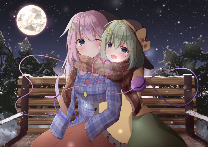 2girls :d ;&lt; bench black_headwear blouse blue_eyes blue_shirt blurry blush bokeh bow bowtie breasts brown_scarf depth_of_field eyeball eyebrows_visible_through_hair fang feet_out_of_frame full_moon green_hair green_skirt hair_between_eyes hat hat_bow hat_ribbon hata_no_kokoro heart heart_of_string highres kirikaze_ren komeiji_koishi long_hair long_sleeves looking_at_another looking_at_viewer medium_hair moon multiple_girls night night_sky open_mouth orange_skirt pink_bow pink_hair pink_neckwear plaid plaid_scarf plaid_shirt ribbon scarf shared_scarf shiny shiny_hair shirt sitting skirt sky sleeves_past_fingers sleeves_past_wrists small_breasts smile snow snowing third_eye touhou tree wide_sleeves yellow_blouse yellow_bow yellow_ribbon yuri