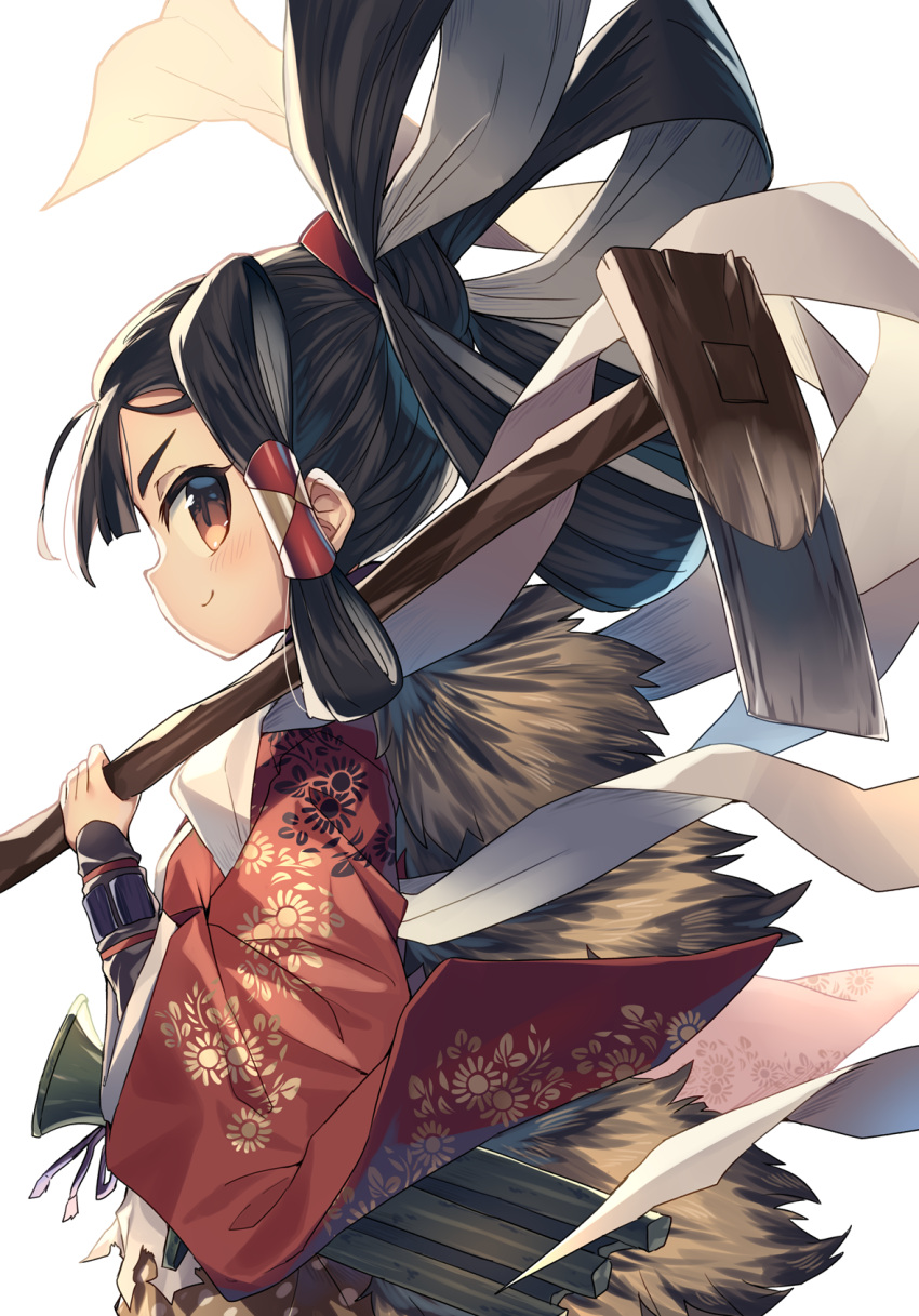 1girl bangs black_hair blush brown_eyes closed_mouth commentary_request hagoromo hair_rings highres hoe holding japanese_clothes kimono over_shoulder profile red_kimono sakuna-hime shawl simple_background smile solo tensui_no_sakuna-hime thick_eyebrows wagashi928 white_background