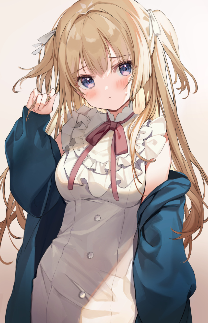 1girl bangs bare_shoulders blonde_hair blue_eyes blush breasts closed_mouth commentary_request cowboy_shot dress frills green_jacket hair_ribbon hand_up highres holding holding_hair jacket kanda_done long_hair long_sleeves looking_at_viewer off_shoulder open_clothes open_jacket original pink_ribbon ribbon sleeves_past_wrists solo sweatdrop two_side_up violet_eyes white_dress white_ribbon