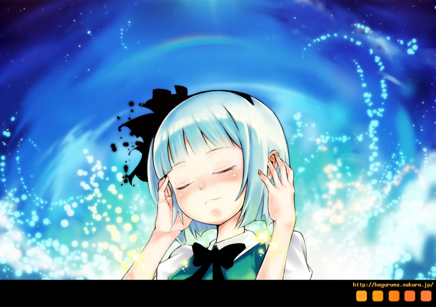 blush bob_cut closed_eyes face hand_on_ear hands konpaku_youmu letterboxed nail_polish oke silver_hair smile solo touhou wallpaper