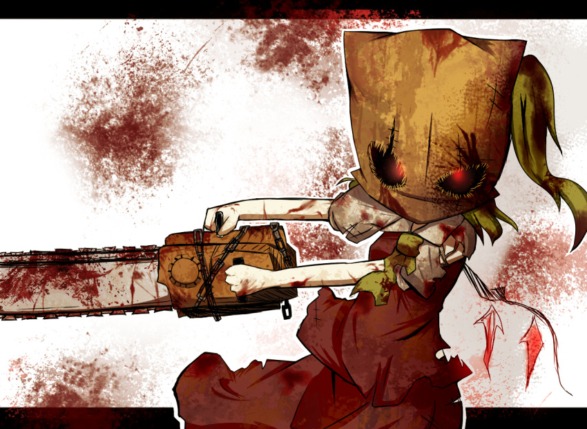 1girl bag_over_head blonde_hair blood bloody_clothes chainsaw flandre_scarlet gaius_(nikoniko2) glowing glowing_eyes letterboxed looking_at_viewer red_eyes resident_evil resident_evil_4 shirt side_ponytail skirt skirt_set solo torn_clothes torn_shirt torn_skirt torn_vest touhou vest wings