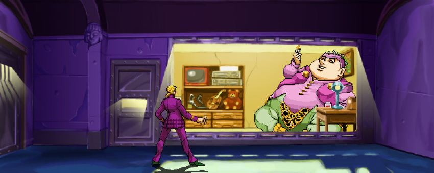 2boys blonde_hair candle fake_screenshot fat_man giant giorno_giovanna hat hiraemon jojo_no_kimyou_na_bouken multiple_boys pixel_art polpo