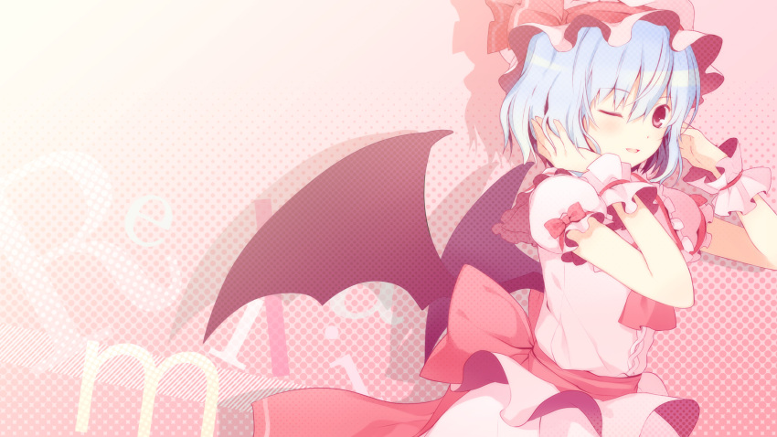 1girl 6u_(eternal_land) ascot bat_wings blue_hair blush bow hat highres looking_at_viewer open_mouth red_eyes remilia_scarlet ribbon short_hair smile solo touhou wings wink