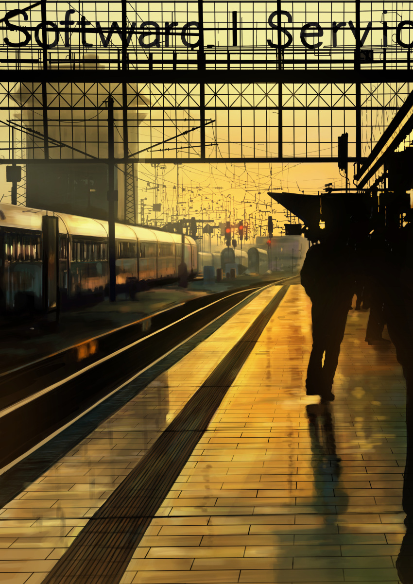 absurdres building english gd._fengzi highres railroad_tracks silhouette traffic_light train train_station twilight