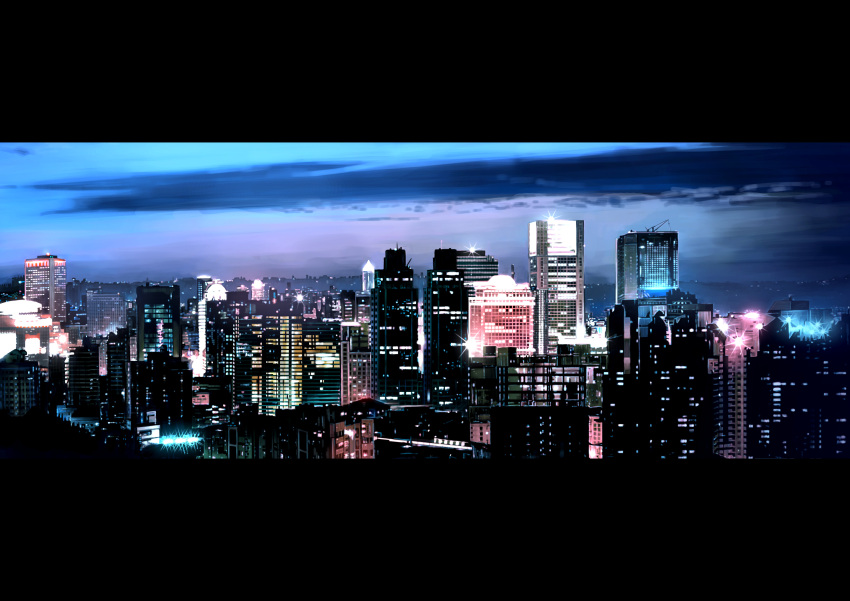 absurdres border building city city_lights cityscape clouds crane gd._fengzi headlight highres letterboxed sky twilight