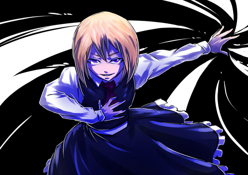 1girl blonde_hair blouse darkness ex-rumia frilled_skirt frills hand_on_own_chest horaemon03 looking_at_viewer magic red_eyes rumia short_hair simple_background skirt smile touhou vest white_background