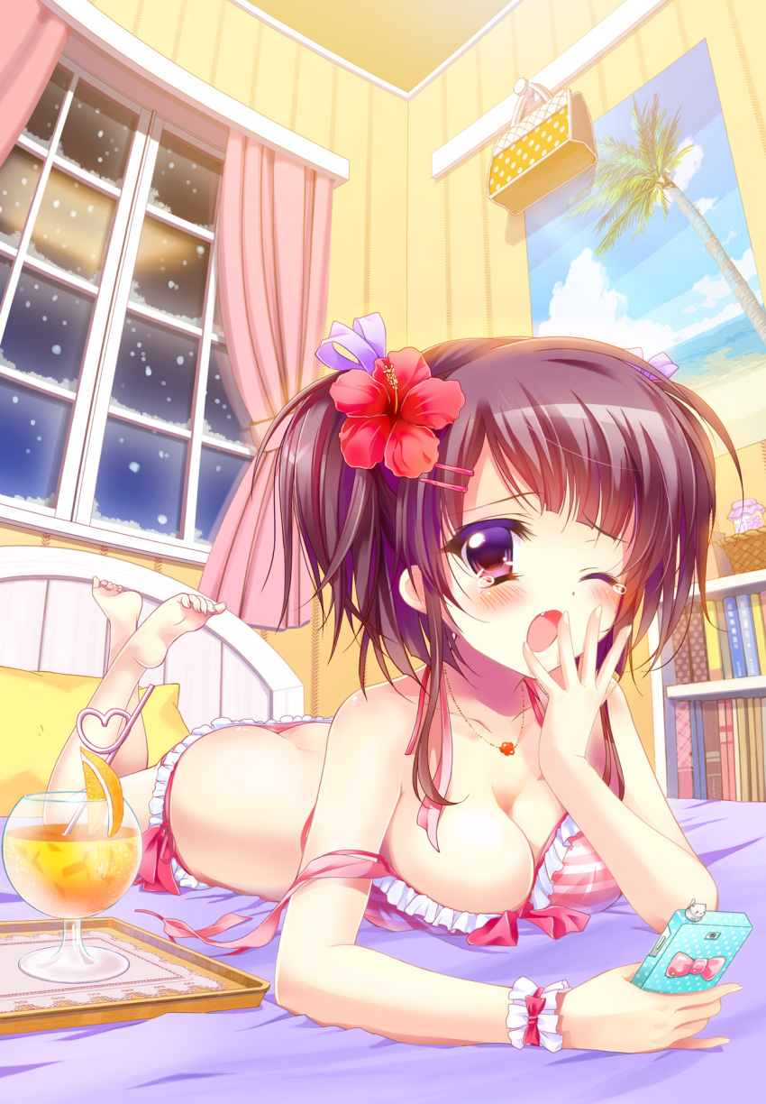 1girl arm_support barefoot bed bikini blush bookshelf breasts brown_hair butt_crack cellphone cleavage curtains drink flower frilled_bikini frills hair_flower hair_ornament highres ichi_rin jewelry long_hair lying necklace on_stomach original phone ponytail shiny shiny_skin snow solo striped striped_bikini striped_swimsuit swimsuit tears untied violet_eyes window yawning