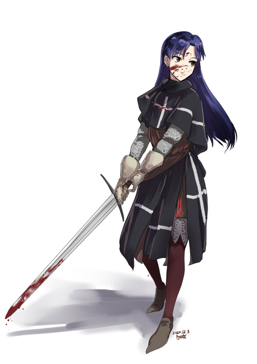 1girl 2020 bangs black_capelet blood blood_on_face bloody_weapon blue_hair brown_eyes capelet closed_mouth frown full_body gloves grey_gloves hair_between_eyes highres holding holding_sword holding_weapon idolmaster idolmaster_(classic) kisaragi_chihaya knight long_hair pantyhose pirata_(gailtonatiu) red_legwear shiny shiny_hair signature simple_background solo straight_hair sword templar very_long_hair weapon white_background