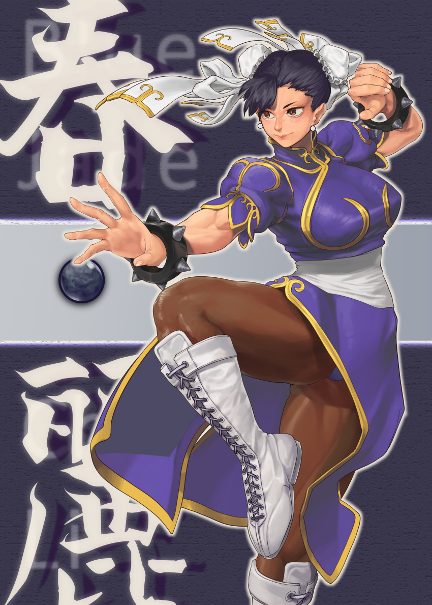 1girl absurdres ballpoint_pen_(medium) black_hair blue_dress boots bracelet breasts brown_eyes brown_legwear bun_cover china_dress chinese_clothes chun-li cross-laced_footwear double_bun dress earrings fighting_stance fingernails hair_ribbon highres huge_filesize jewelry knee_boots large_breasts muscle muscular_female nose panties pantyhose pantyshot pelvic_curtain puffy_short_sleeves puffy_sleeves ribbon sash short_sleeves skinnytorch solo spiked_bracelet spikes standing standing_on_one_leg street_fighter street_fighter_ii_(series) thick_thighs thighs traditional_media underwear white_footwear
