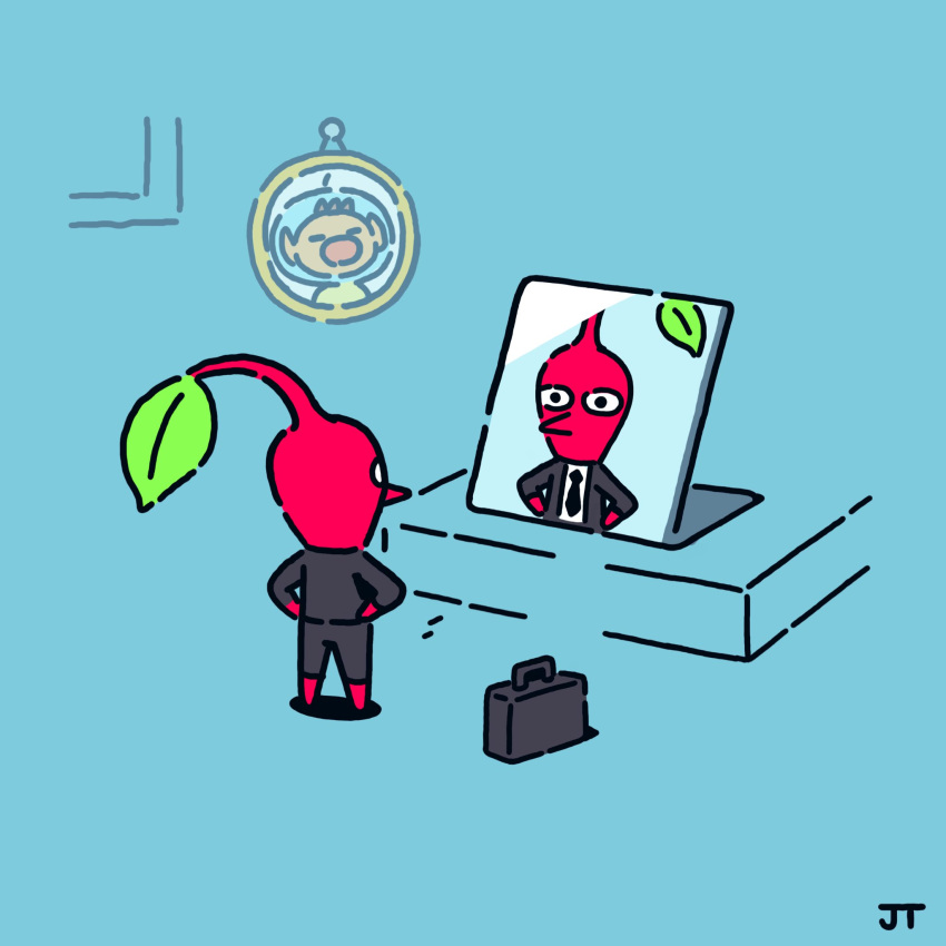 1other black_jacket black_neckwear black_pants black_suit briefcase highres jacket james_turner leaf mirror necktie olimar pants picture_(object) pikmin_(creature) pikmin_(series) shirt solo suit_jacket white_shirt