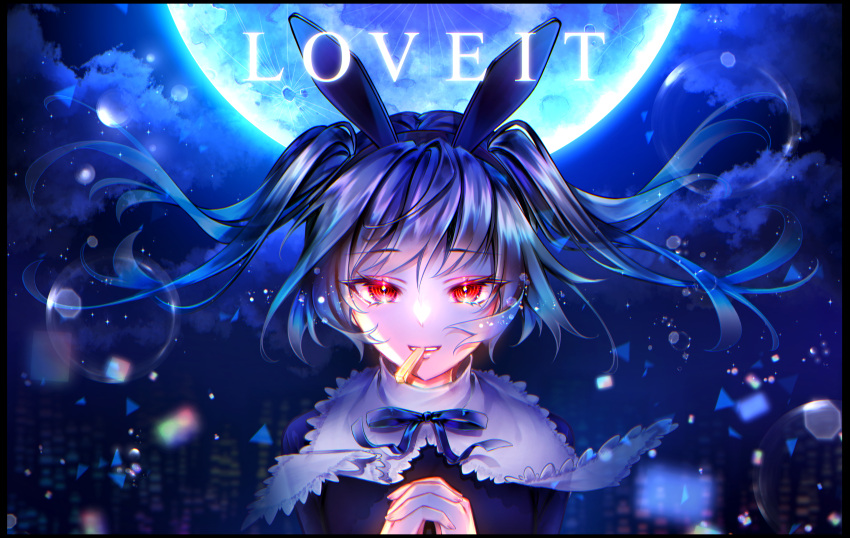 1girl absurdres animal_ears bangs black_hairband blue_ribbon eyebrows_visible_through_hair fake_animal_ears floating_hair hair_between_eyes hairband hands_clasped hatsune_miku highres huge_filesize interlocked_fingers jyuunankyuu long_hair looking_at_viewer moon mouth_hold neck_ribbon night own_hands_together rabbit_ears red_eyes ribbon shiny shiny_hair silver_hair solo twintails uppercut vocaloid