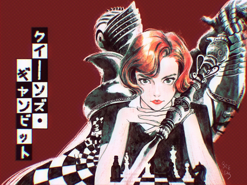 1girl black_shirt bracelet calaboca.co chess_piece chessboard collared_shirt copyright_name elizabeth_harmon hands_together highres jewelry knight looking_at_viewer looking_up orange_hair portuguese_commentary red_background shirt short_hair solo the_queen's_gambit traditional_media