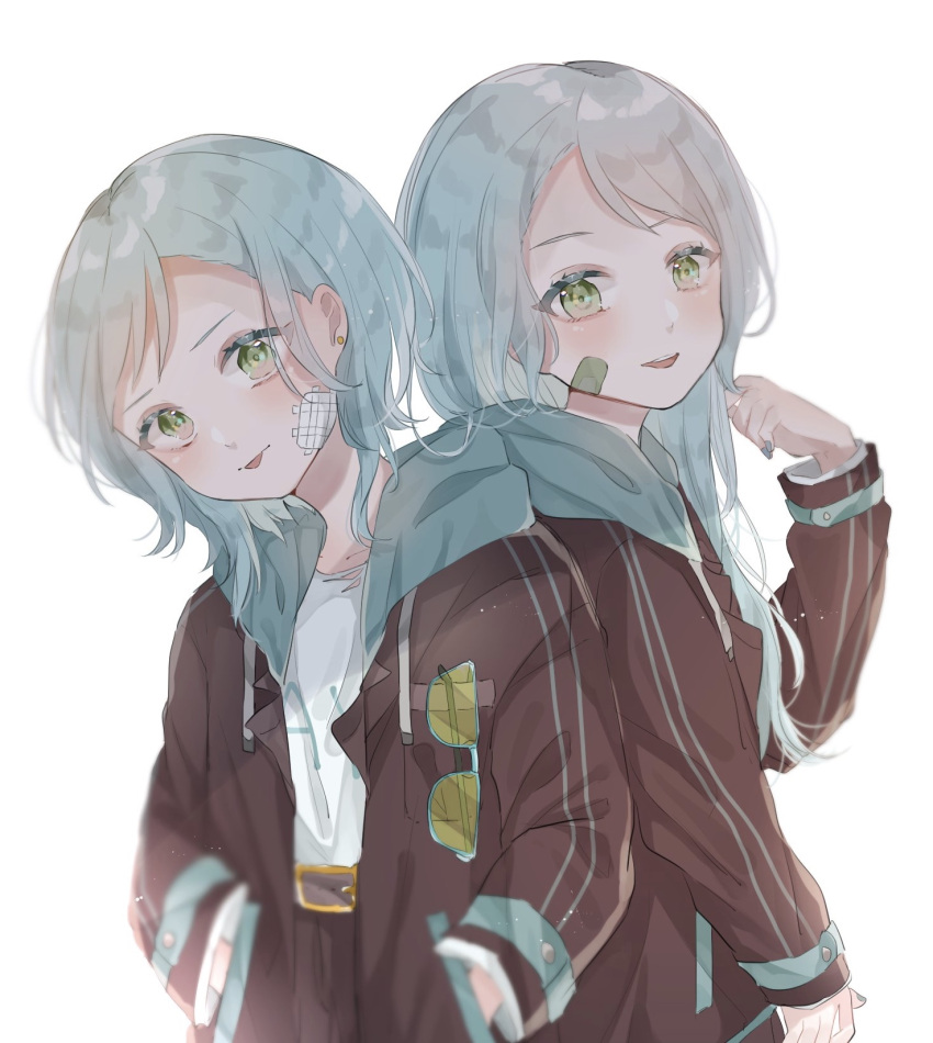 2girls aqua_hair bang_dream! closed_mouth eyebrows_visible_through_hair glasses green_eyes hair_ribbon highres hikawa_hina hikawa_sayo hood hoodie injury long_hair long_sleeves multiple_girls open_mouth ribbon shain short_hair siblings sisters twins white_background