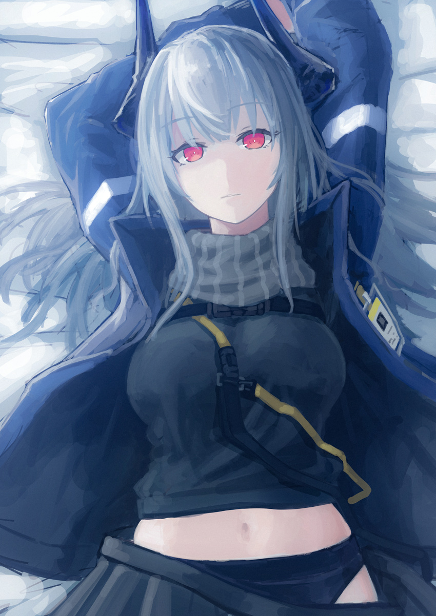 1girl alternate_hairstyle arknights arms_behind_head bed_sheet black_panties black_shirt black_skirt blue_jacket breasts commentary dragon_horns eyebrows_visible_through_hair grey_hair grey_scarf highres horns id_card jacket large_breasts liskarm_(arknights) looking_at_viewer lying midriff navel on_bed open_clothes open_jacket panties pleated_skirt red_eyes scarf sentou_kouhei_kitsune shirt skirt skirt_pull solo strap underwear upper_body