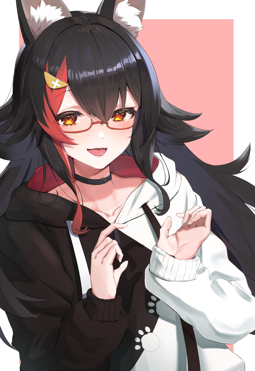 1girl :d absurdres animal_ear_fluff animal_ears appo_(36786257) black_hair blush collar glasses hair_ornament highres hololive hood hood_down hoodie long_hair long_sleeves looking_at_viewer multicolored_hair ookami_mio open_mouth orange_eyes pink_background red-framed_eyewear redhead semi-rimless_eyewear smile solo streaked_hair two-tone_background two-tone_jacket under-rim_eyewear upper_body virtual_youtuber white_background wolf_ears