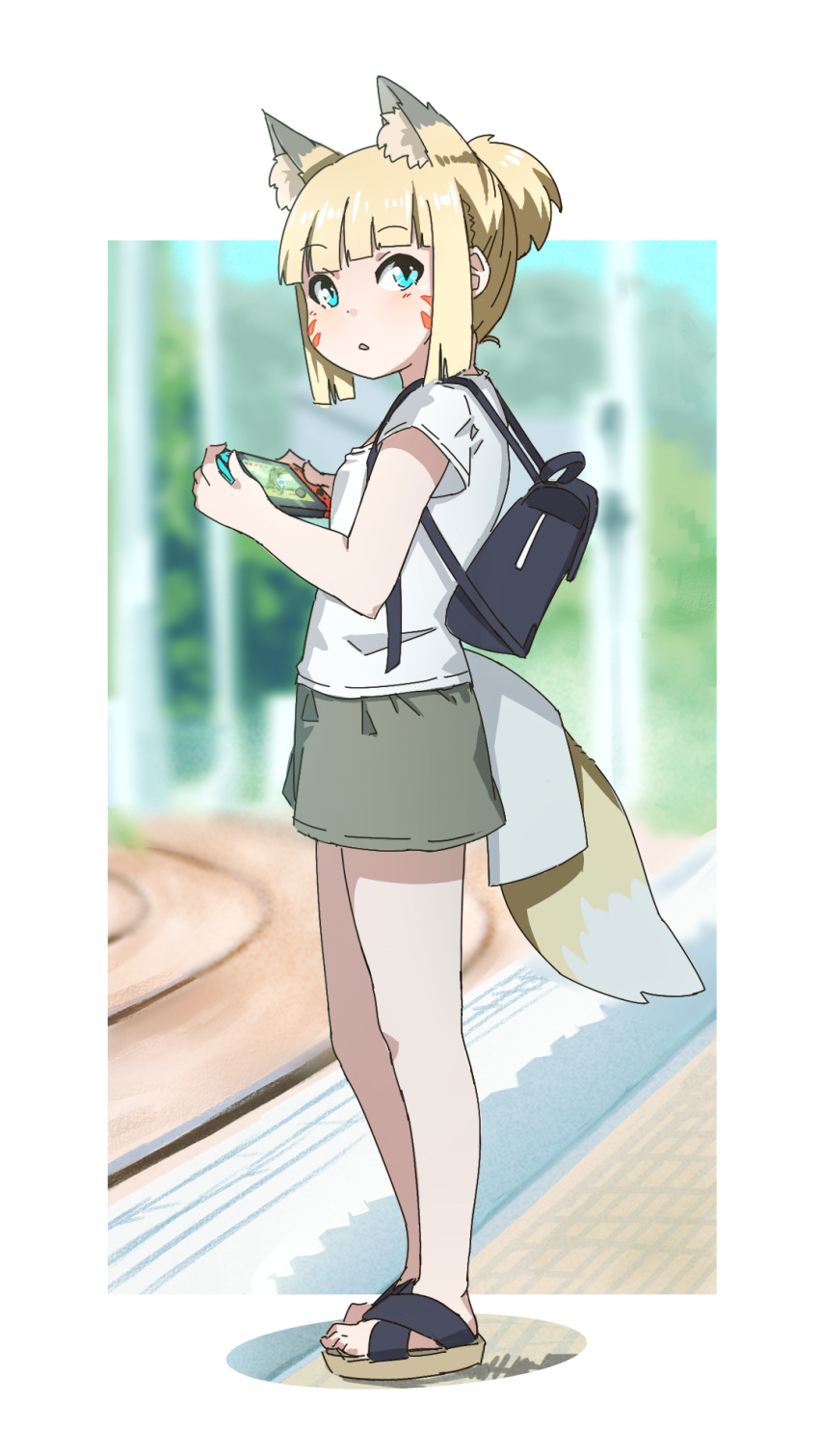 1girl animal_ear_fluff animal_ears backpack bag bangs blonde_hair blue_eyes blunt_bangs extra_ears eyebrows_visible_through_hair facial_mark fox_ears fox_girl fox_tail highres kono_tsukuha kuro_kosyou looking_to_the_side nintendo_switch original outdoors railroad_tracks sandals shirt short_ponytail short_sleeves shorts solo standing tail train_station_platform white_background white_shirt