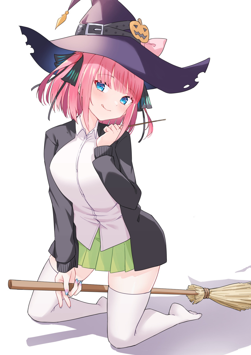 1girl absurdres bangs blue_eyes blush broom closed_mouth collared_shirt go-toubun_no_hanayome hat highres kneeling long_sleeves looking_at_viewer nail_polish nakano_nino no_shoes pink_hair pleated_skirt profnote ribbon shirt skirt smile solo striped tagme thigh-highs vertical_stripes white_background white_legwear white_shirt witch_hat
