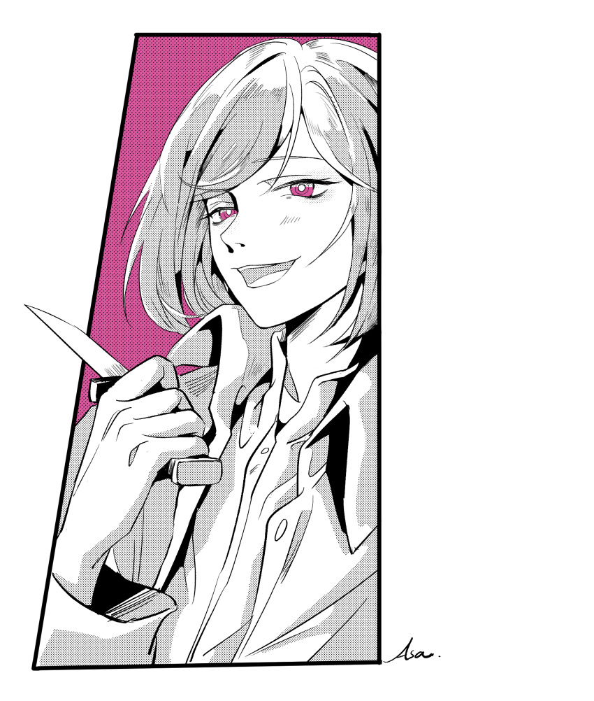 1boy :o akudama_drive artist_name asa_moi blush cutthroat_(akudama_drive) hand_up highres holding holding_knife jacket knife limited_palette long_sleeves male_focus purple_background screentones silver_hair solo violet_eyes
